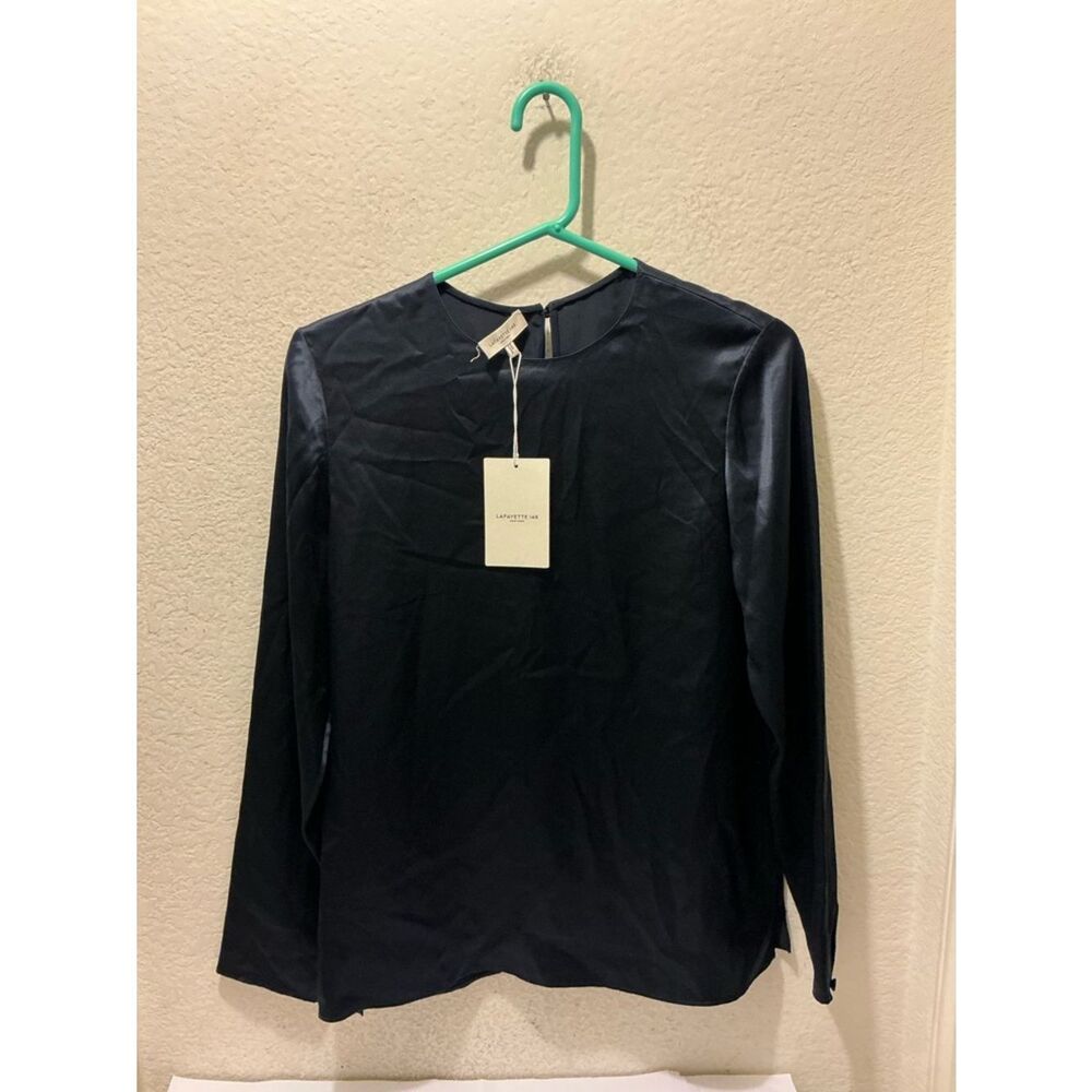 NWT Lafayette 148 New York Navy Long-Sleeve Satin Top $498 - Picture 1 of 11